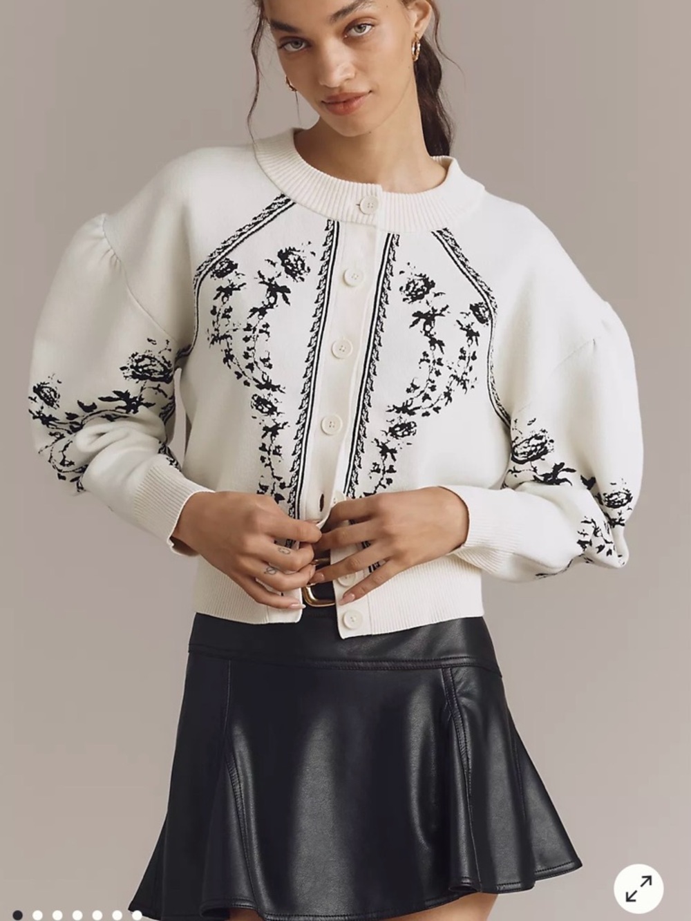 Anthropologie White Cardigan with Black Floral Embroidery